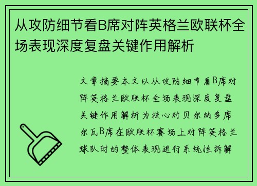 从攻防细节看B席对阵英格兰欧联杯全场表现深度复盘关键作用解析 从攻防细节看B席对阵英格兰欧联杯全场表现深度复盘关键作用解析