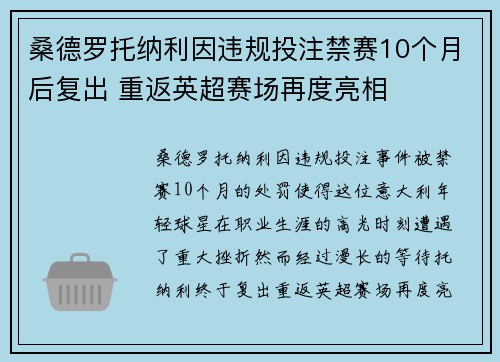 桑德罗托纳利因违规投注禁赛10个月后复出 重返英超赛场再度亮相 桑德罗托纳利因违规投注禁赛10个月后复出 重返英超赛场再度亮相