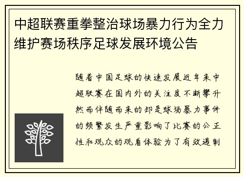中超联赛重拳整治球场暴力行为全力维护赛场秩序足球发展环境公告 中超联赛重拳整治球场暴力行为全力维护赛场秩序足球发展环境公告